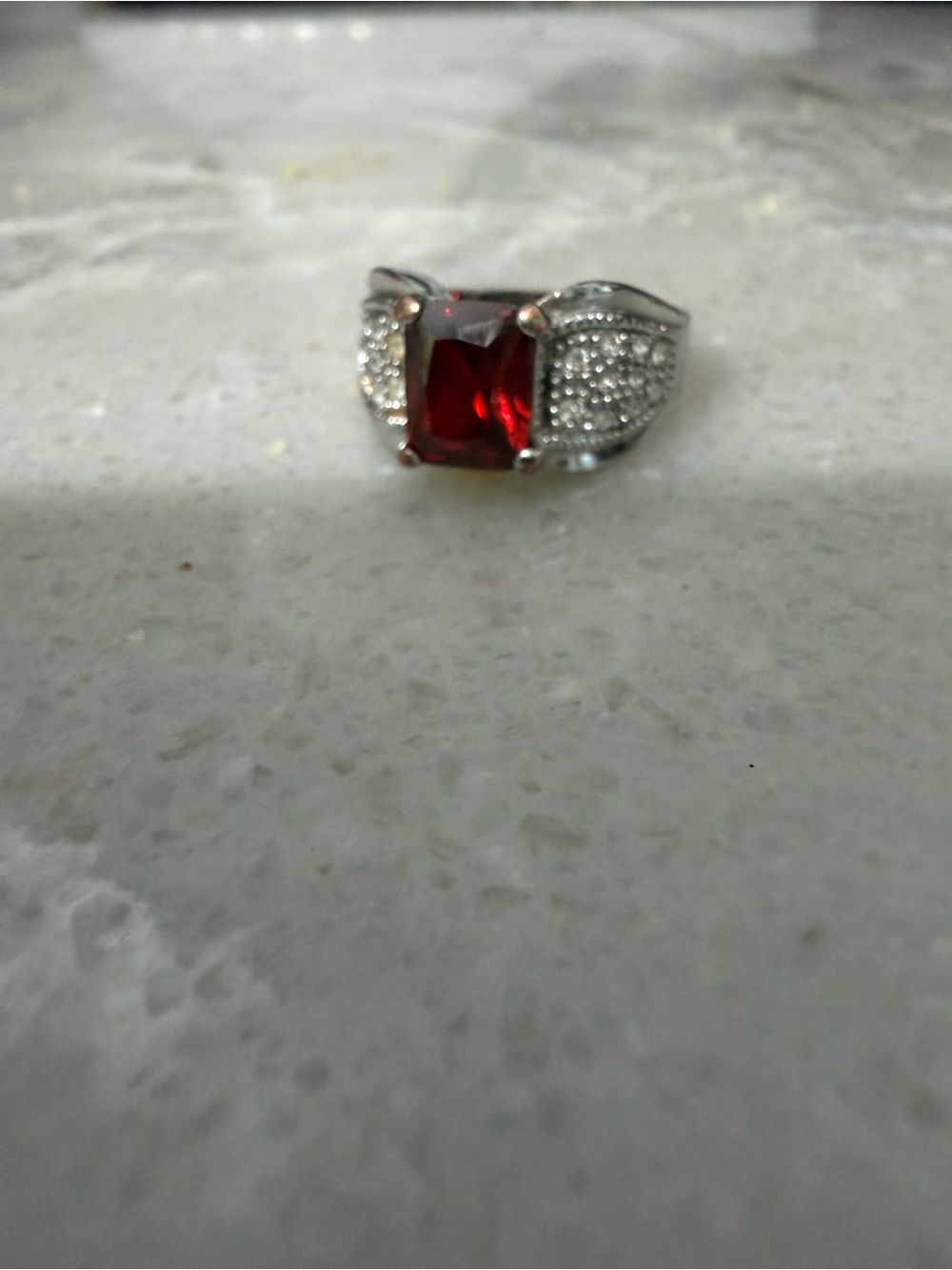 Costume Jewelry Ring with Deep Red Emerald-Cut Center Stone